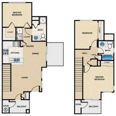 Floor plan for 3 beds, 2 baths, 1274 sqft